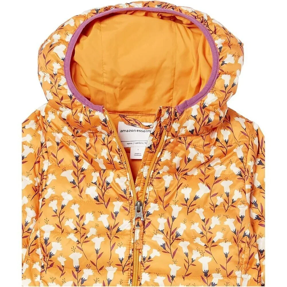 🆕Girls Yellow Floral Lightweight Resistant Hooded Puffer Jacket Winter Coat
